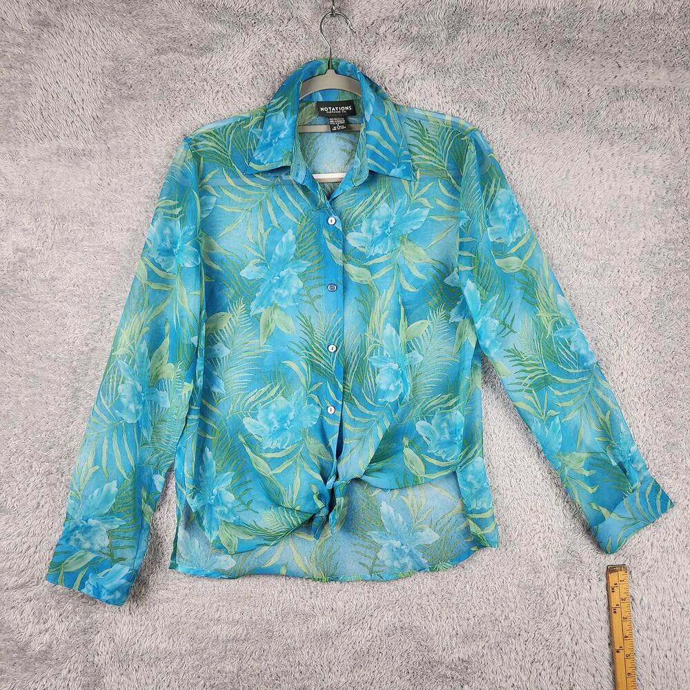 Vintage Notations Blouse Womens Small Blue Tropical Floral Sheer Top Hawaiian